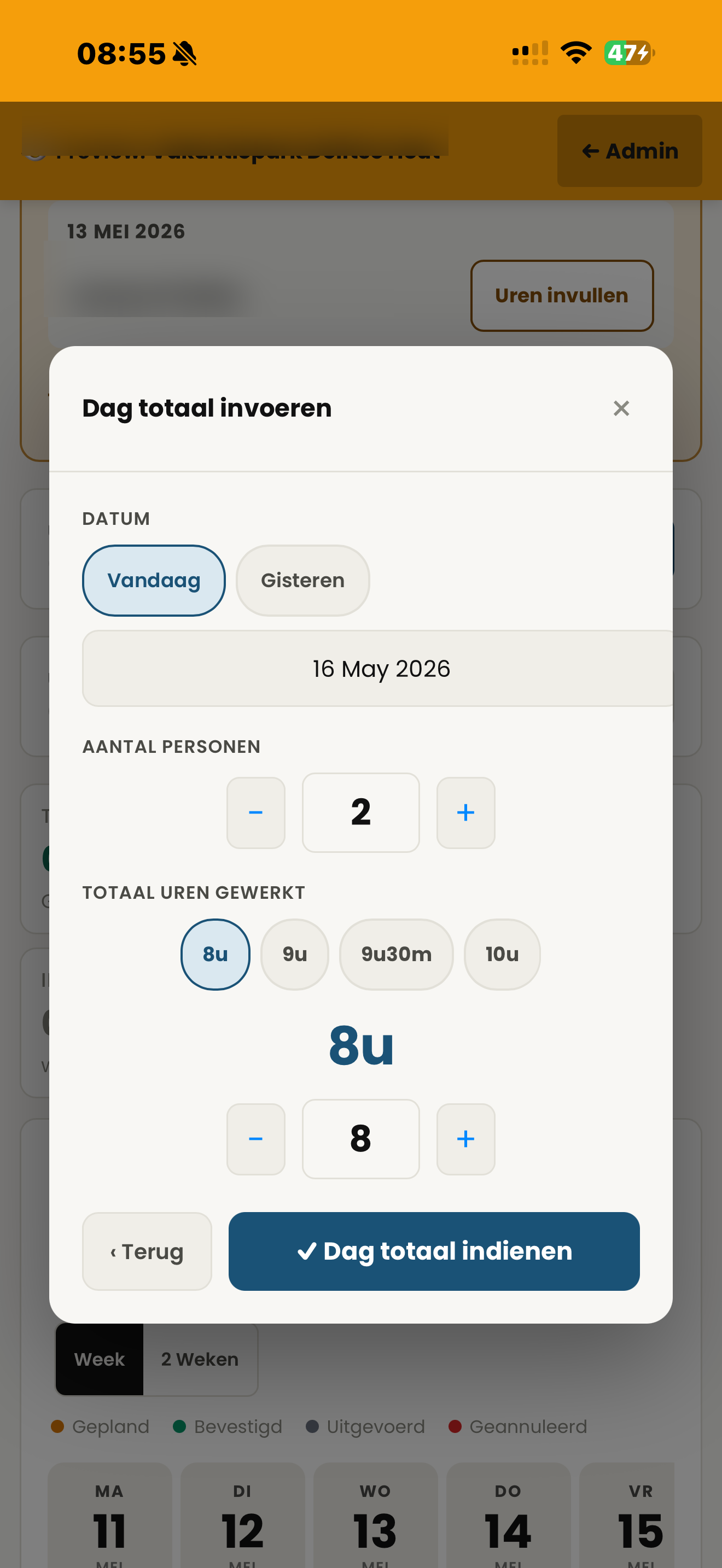 Day total form with date, number of people and shortcut buttons for total hours worked