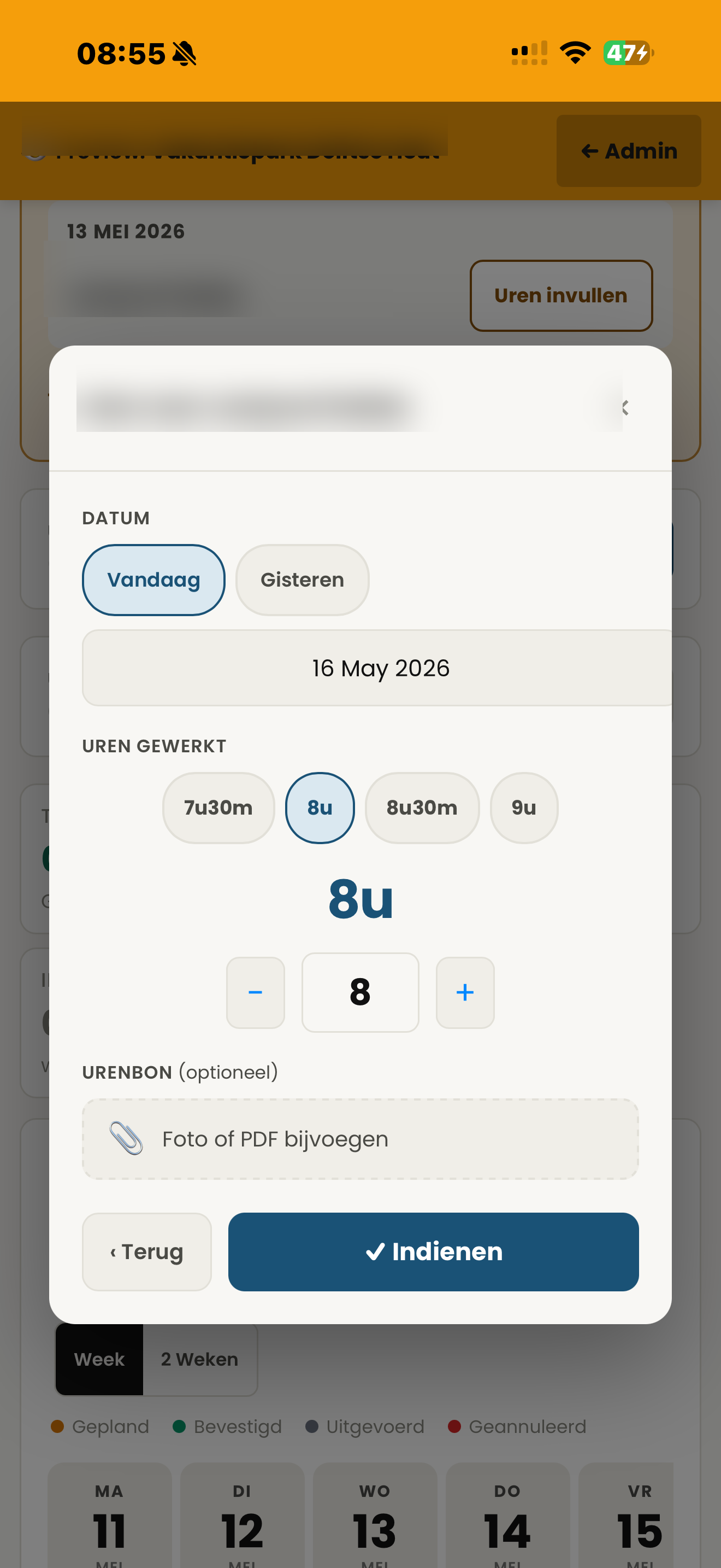 Per-person hours form with optional photo or PDF upload and a submit button